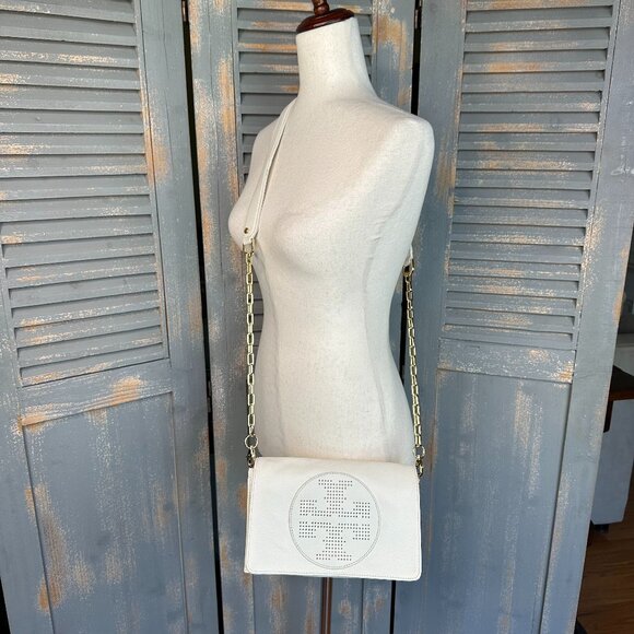 Tory Burch Kipp Perforated Logo Foldover Clutch Crossbody Bag White - Picture 13 of 16